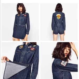 Zara Denim Jumpsuit Shorts With Patches Size Small